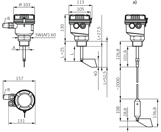 Level switch for granular solids - Dimensions
