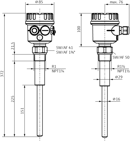 Vibronic level switches for bulk solids - Dimensions of the short version