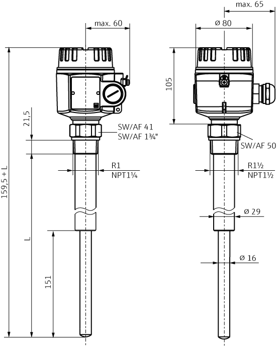 Vibronic level switches for bulk solids - Dimensions of the long version
