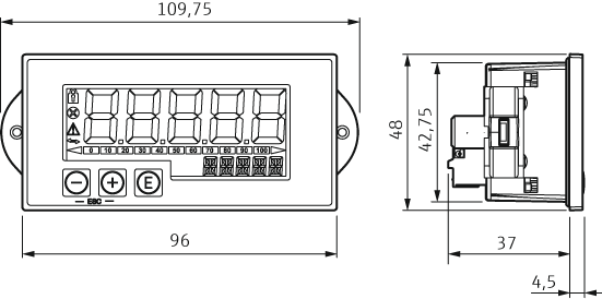 Dimensions of an indicator RIA15 for panel mounting
